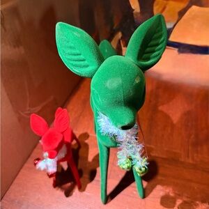 Lot of 3 Flocked Deer Figurine - Green and Red